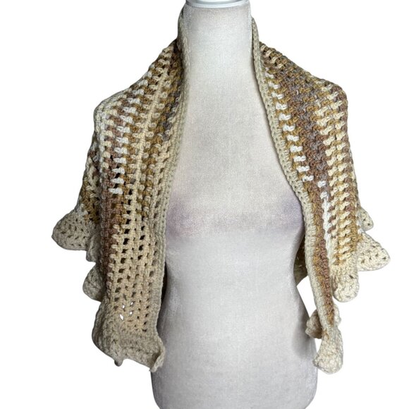 Handmade Beige Brown Cream Crochet Knit Shawl Wrap With Ruffled Edges Soft NEW - Picture 2 of 4